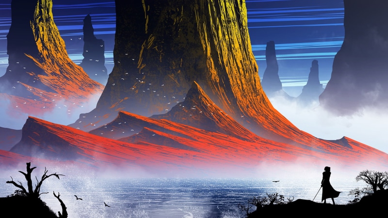 lagoon, women, digital art, landscape, mountains, 1080P, Kvacm