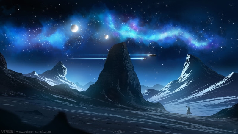 stars, artwork, ArtStation, sky, Moon, night, digital, Kvacm, 720P, bright