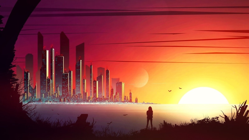 Cityscape, illustration, sunset, digital art, Kvacm, 1080P, artwork