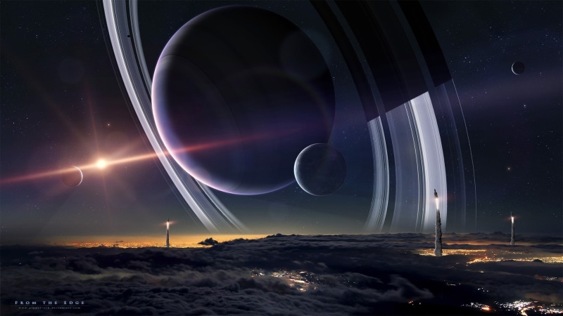 space art, planet, Moon, planetary rings, 1080P, digital art, space, spacescapes