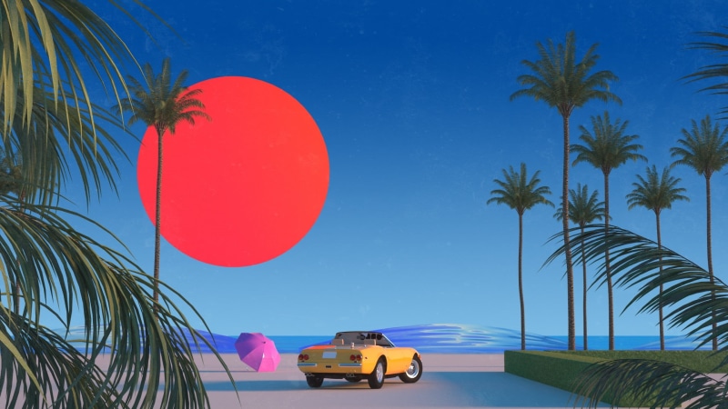 1080P, The sun, Illustration, Outrun, Auto, Retrowave, New Retro Wave, 80s, Synth, Music, Machine, Palm trees, by Trey Trimble, Style, 80s, Synthwave