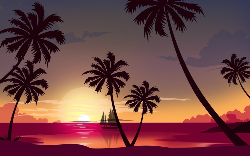 Beach, Synthwave, Aayush Shah, Sunset, 80s, Minimalism, Ship, Palm trees, by Aayush Shah, The sun, New Retro Wave, The ocean, 80s, Palm, Illustration, Style