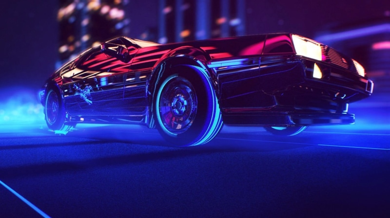 720P, city, chrome, toy, night, retro games, sports Race, supercar, illustration, motor vehicle, tire, motorsport, red, DeLorean, black Color, transportation