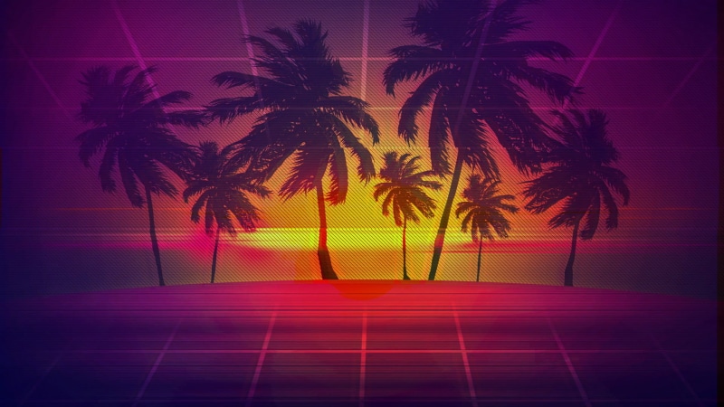 purple, night, beauty in nature, illuminated, tropical climate, backgrounds, plant, silhouette, flooring, tree, reflection, sky, vaporwave, outdoors, palm leaf