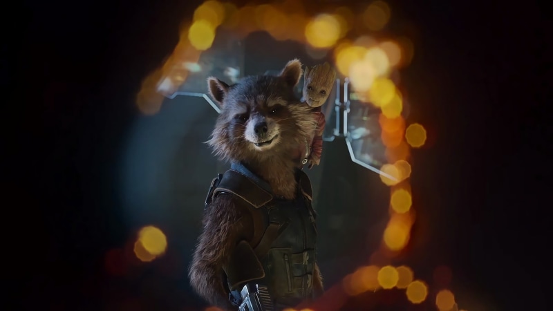 portrait, illuminated, animal eye, rocket, one animal, movie, whisker, animal head, yuusha, 1080P, animal, front view, Rocket Raccoon, gun, animal themes