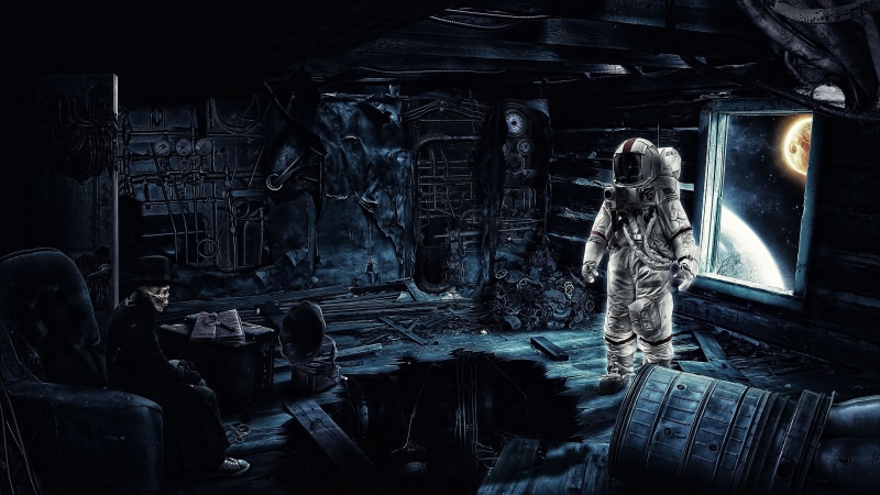 stars, 4K, planet, galaxy, hat, science fiction, skeleton, books, futuristic, artwork, digital art, time travel, gears, camera, astronaut, space art, universe