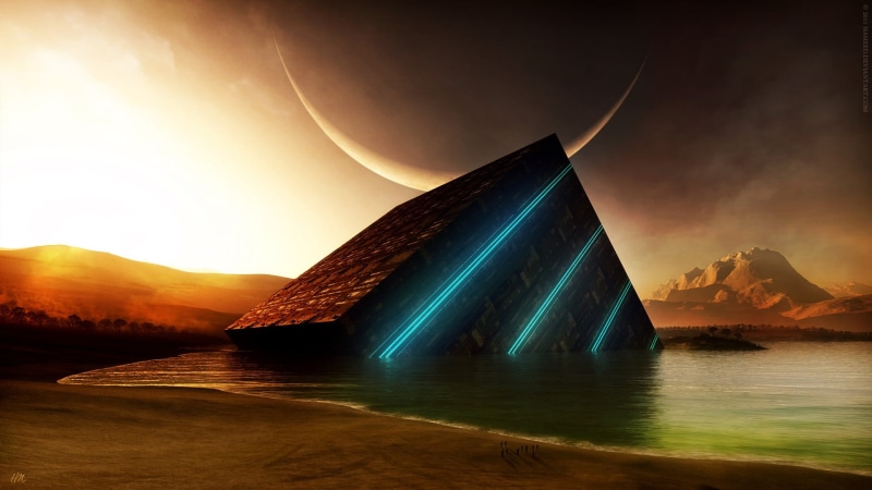 abstract, landscape, painting, planet, sunrise - Dawn, artwork, cube, outdoors, Moon, digital, star - Space, sunset, water, vacations, illuminated, travel