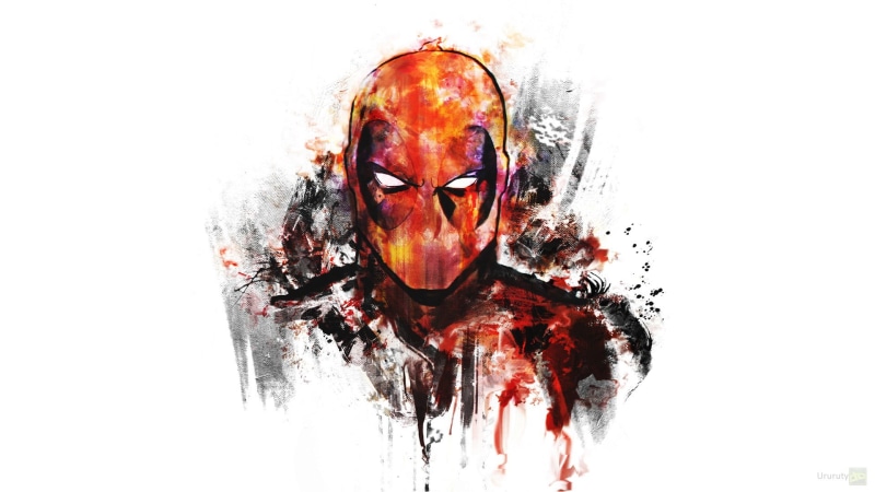 splashing, studio shot, messy, blood, wound, front view, human face, copy space, indoors, illustration, drop, close-up, Deadpool, white background, human body part