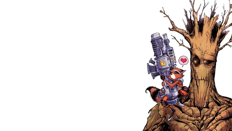 drawing, raccoon, marvel, groot, galaxy, white, hd, cartoon/comic, guardians, rocket, 1080P, the