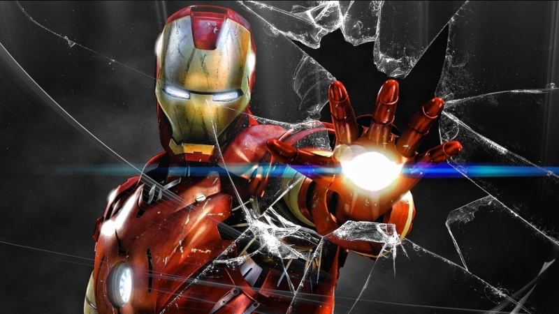 studio shot, black background, close-up, man, Iron Man, glowing, multi colored, illuminated, no people, table, nature, broken, blurred motion, breaking