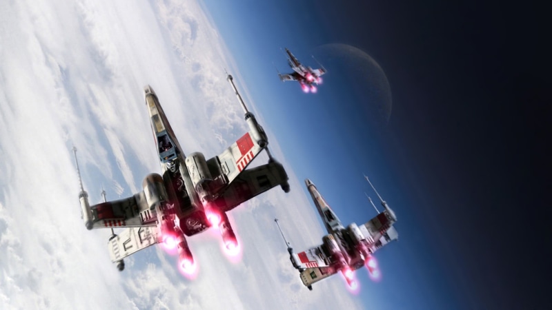 transportation, mid-air, joy, airplane, Star Wars, sky, gray, flying, cloud - sky, mode of transportation, low angle view, motion, nature, day