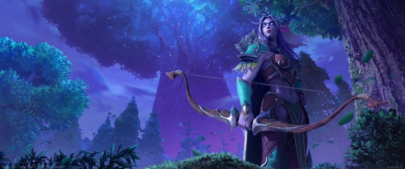 Night Elves, bow, ultra-wide, Warcraft III: Reforged, 2K, digital art, Sylvanas Windrunner, ultrawide, video games, video game art, trees, elves, Warcraft