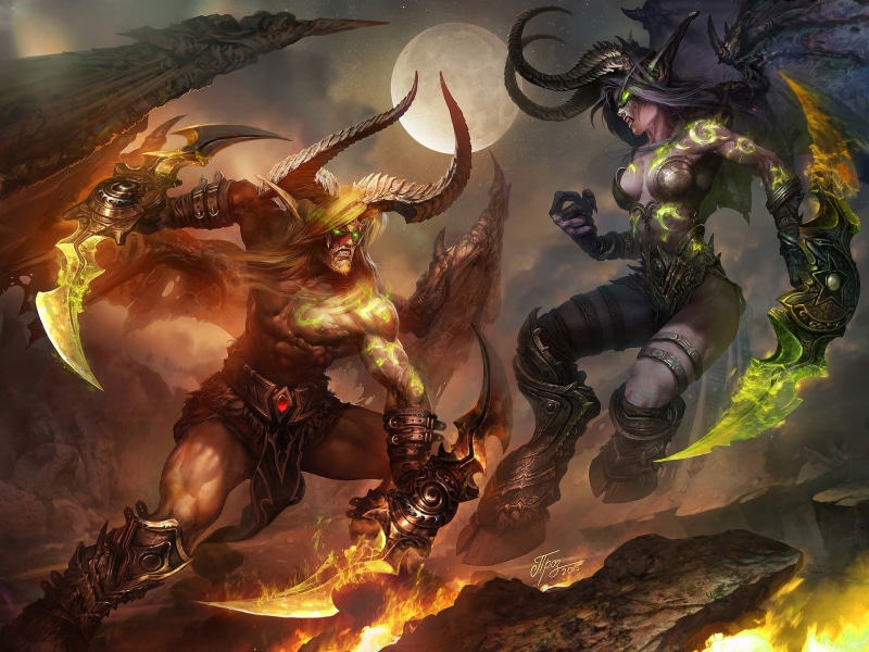 one person, creativity, Night Elves, fire - natural phenomenon, art and craft, 1080P, flame, human representation, Demon Hunter, World of Warcraft, water