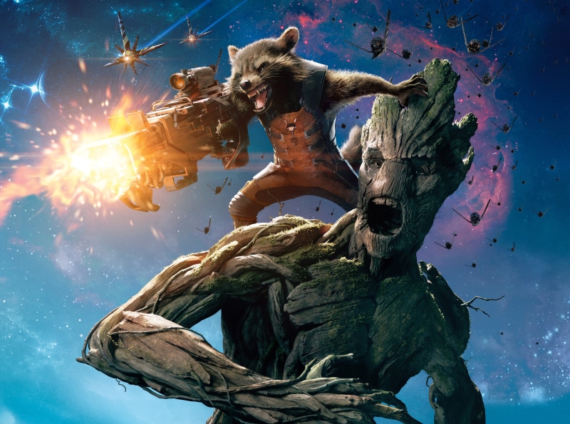 5K, low angle view, representation, sculpture, creativity, Rocket, tree, galaxy, day, Movies, nature, animal representation, plant, Raccoon