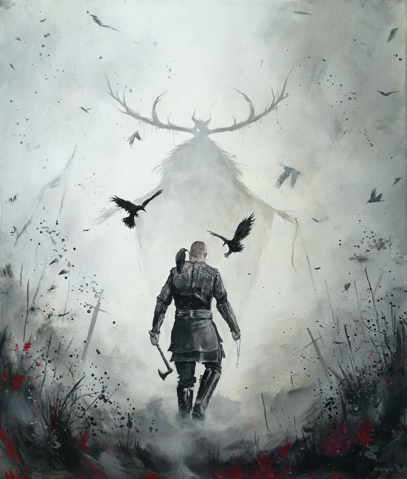 Axe, horns, 720P, Ragnar Lodbrok, birds, sword, cross, Vikings, viking