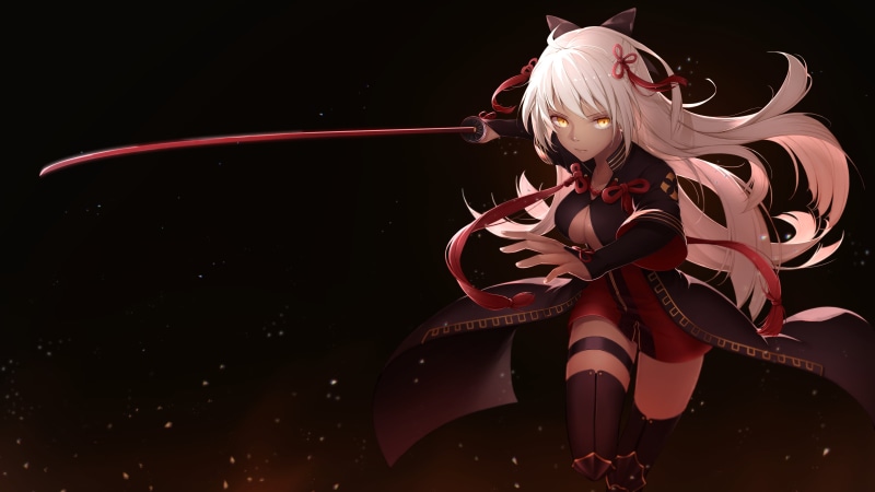 studio shot, no people, red, still life, anime girls, human representation, 4K, anime, indoors, copy space, craft, black background, sword, blond hair