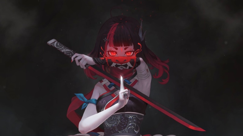 Devil, sword, anime girls, red, ninja girl, anime, fan art, 1080P