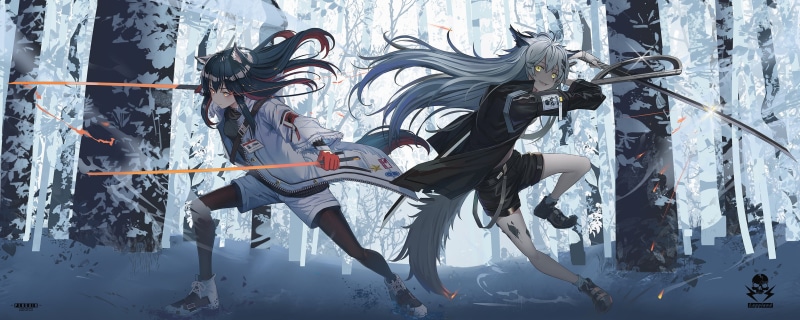 2K, video games, tail, video game characters, trees, Lappland(Arknights), animal ears, jacket, girls with swords, weapon, forest, Arknights, Texas (Arknights)