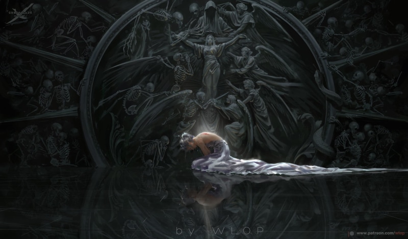bird, swimming, WLOP, sacrifice, digital art, kneeling, nature, lake, artwork, reflection, white dress, skull, animal, pets, women, animal wildlife