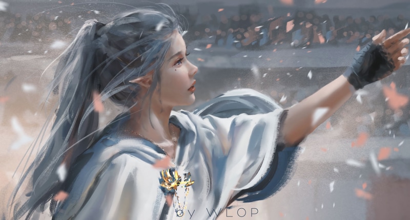 looking, celebration, pointed ears, hair, WLOP, real people, brown hair, young adult, emotion, 2K, hairstyle, city, day, outdoors, artwork, people, incidental people