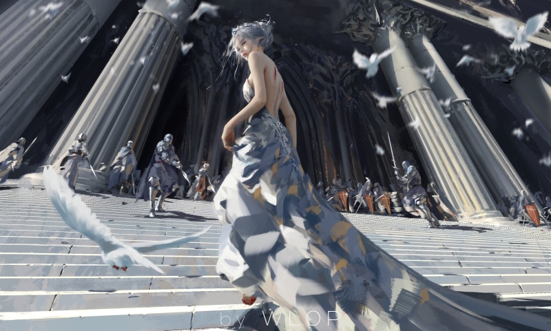 white hair, Ghostblade, long hair, pointed ears, looking at viewer, elven, stairs, dress, blood, bareback, 4K, artwork, blue eyes, princess, women, knight