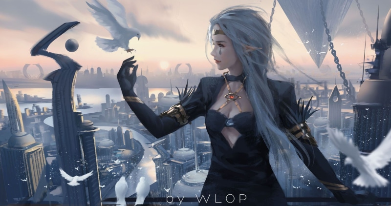 dove, 1080P, artwork, city, cleavage, fantasy art, dress, women, WLOP, pointed ears, long hair, white hair, elven, digital art, fantasy girl