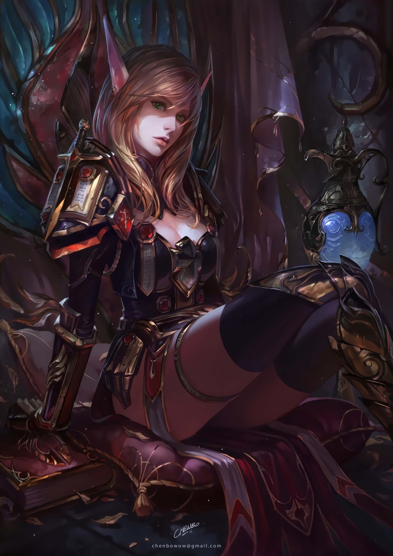 women, World of Warcraft, cleavage, thighs, Judgement Tier, video games, portrait display, Blizzard Entertainment, Warcraft, thigh-highs, elven, blonde