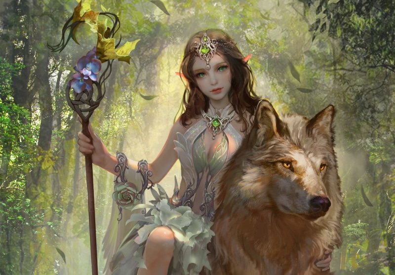 nature, wolf, fantasy art, princess, women, 1080P, elven, digital art
