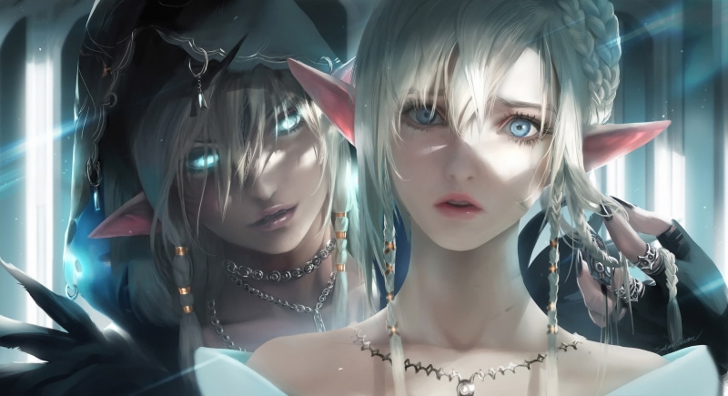 original characters, pointed ears, illustration, fantasy art, digital art, artwork, elven, anime, Sakimichan, white hair, platinum blonde, 1080P