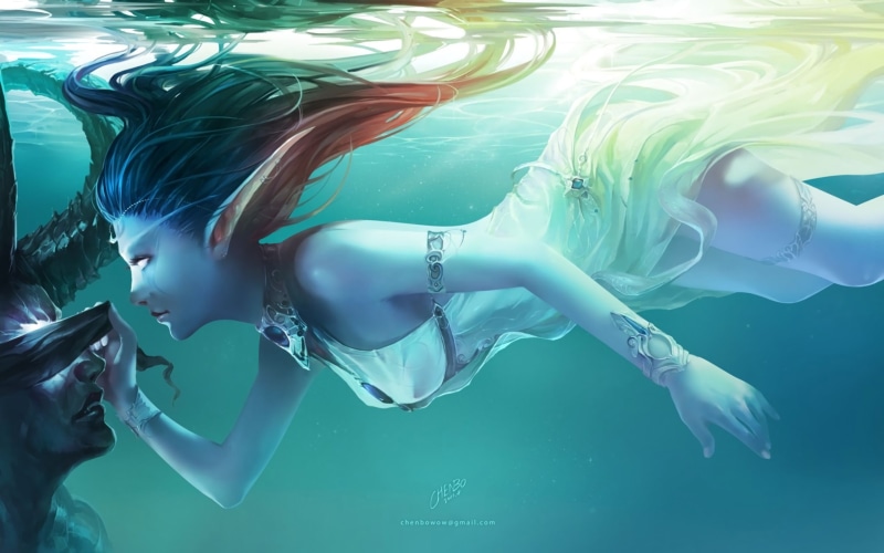 Warcraft, white eyes, Illidan Stomrage (Warcraft), thighs, white dress, Chenbo, Tyrande, digital art, video games, underwater, World of Warcraft, elven