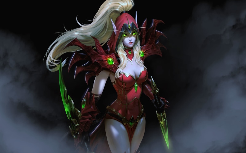 blades, thighs, cleavage, video game girls, elven, Blood Elf, video games, ponytail, green eyes, pointy ears, Valeera, blonde, artwork, Rogue (character)
