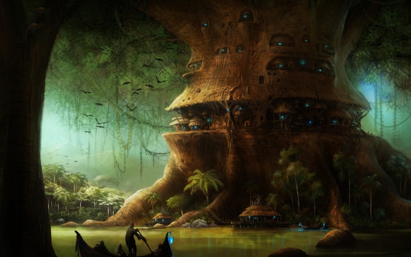 village, mist, vines, sprit, kingdom, river, fantasy, dwelling, pixies, home, trees, grass, mystical, tree, elven, 2K