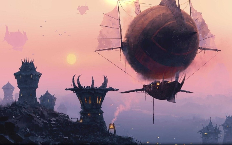 mode of transportation, travel, no people, city, outdoors, travel destinations, tower, aircraft, nautical vessel, sunset, architecture,  World of Warcraft