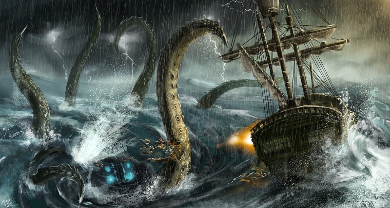 nature, illuminated, splashing, transportation, motion, tentacles, day, long exposure, water, fantasy art, digital composite, no people, rain, sailing ship