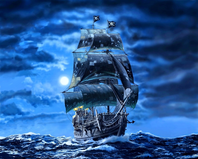 art, Black pearl, Pirates, ship, Galleon, 1080P, black sails