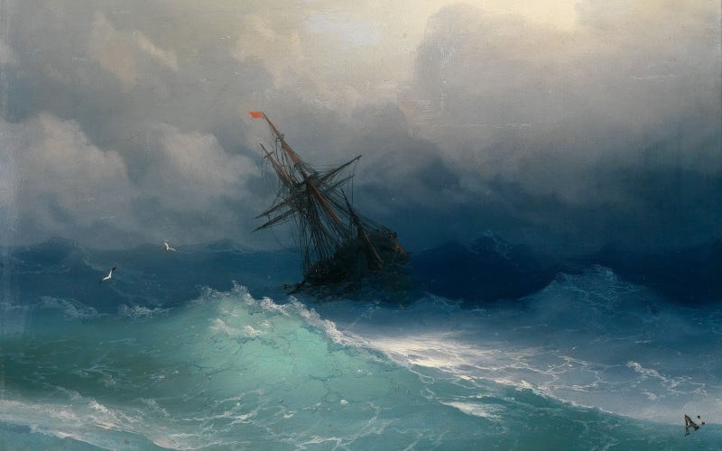 poster, nature, aivazovsky, 720P, ship, rock, day, seas, sailing ship, motion, beauty in nature, water, sky, waterfront, power in nature, remote, sea