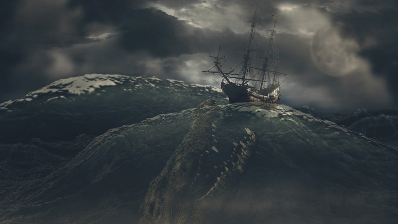 tranquility, remote, rock, beauty in nature, outdoors, sea, sky, solid, fangs, belief, nature, sea monsters, religion, digital art, Moon, storm, no people