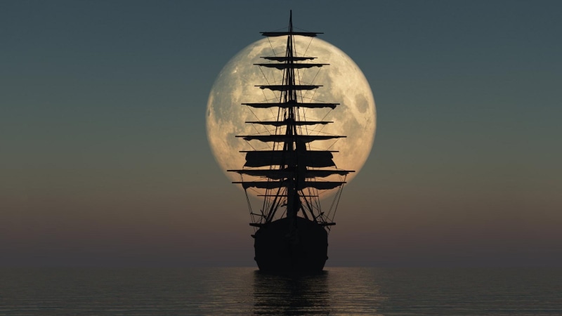 silhouette, pirate, sails, moon, hd, 1080P, pirates, ship, pirate ship, sea