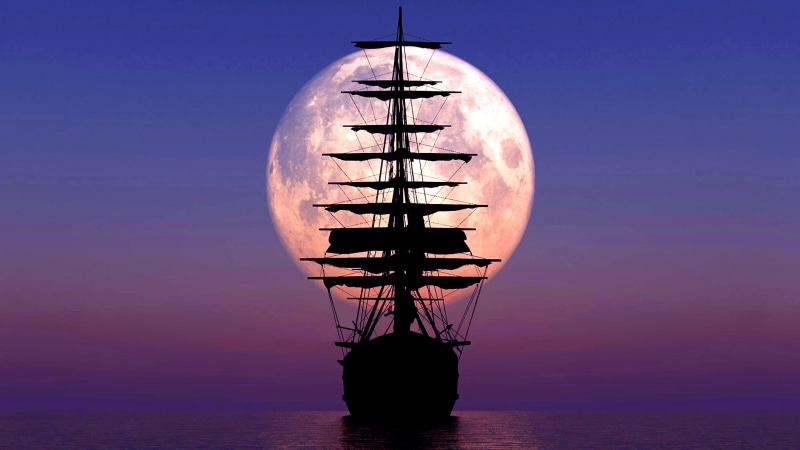 moon, calm, full moon, purple, horizon, silhouette, sea, sailing ship, dusk, 4K, sky, caravel, supermoon, night, water