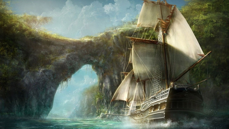 rocks, galleon, illustration, sky, bay, ship, water, no people, digital art, outdoors, 1080P, pirates, waterfront, brown, nature, mode of transportation