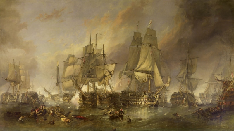 rain, transportation, sea, Battle of Trafalgar, ship, environment, fog, painting, smoke - physical structure, outdoors, sailboat, architecture, sky, nature