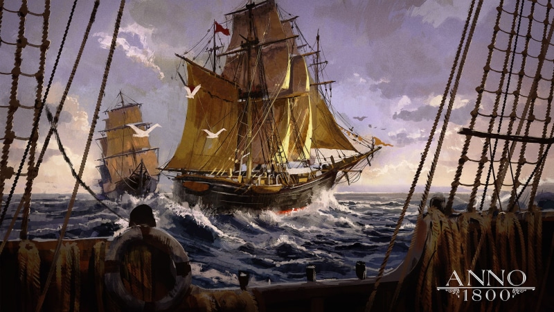 Anno 1800, ship, 1080P, video games, sailing ship, birds, water, artwork, Ubisoft