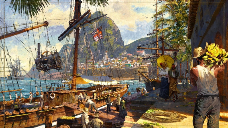 ship, harbor, Caribbean, pier, Ubisoft, 4K, sailing ship, bananas, artwork, Anno 1800, concept art, South America, digital art, 1800s