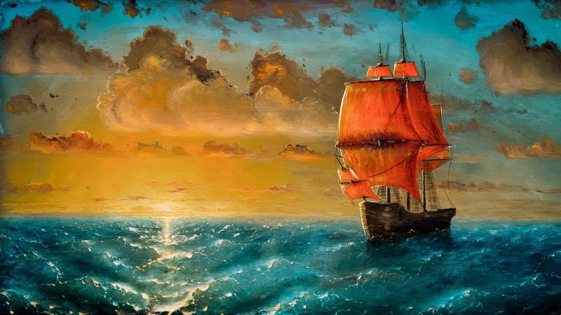 sea, Pavel Korneev, art and craft, ship, 1080P, mode of transportation, nature, transportation, rusty, painting, sailboat, sailing, water, artwork, sky