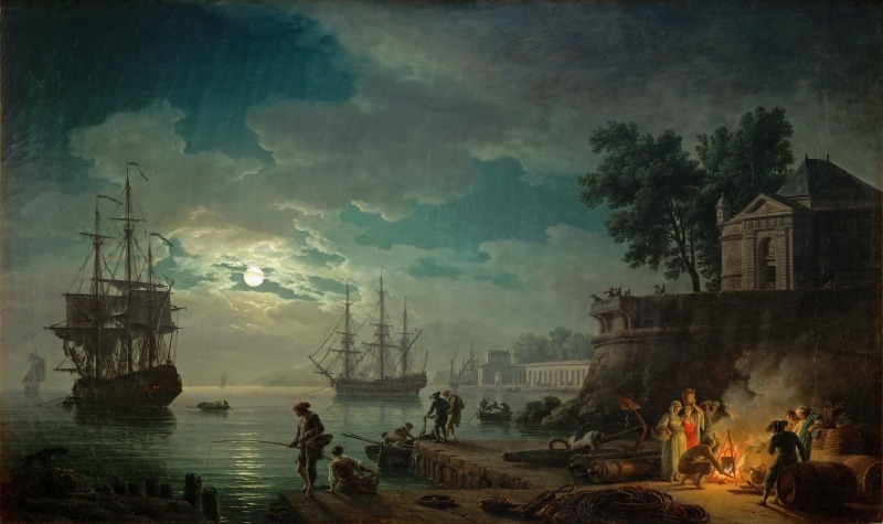 night, textured effect, water, people, rock, women, clouds, medium group of people, cloud - sky, building exterior, boat, boats, artwork, dog, group, fisherman