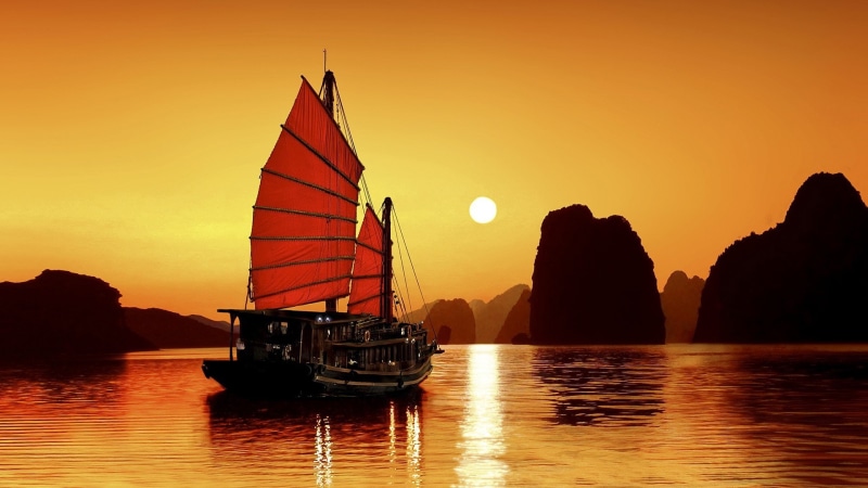 silhouette, sailing ship, Ha Long Bay, Vietnam, sunset, junk, 1080P