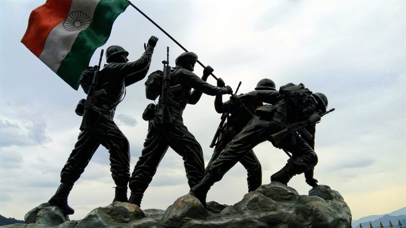 cloud - sky, flag, statue, sport, safety, holding, uniform, military uniform, war, conflict, armed forces, 4K, sky, soldier, indian, kargil, indian flag