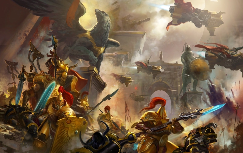 1080P, Warhammer 40 000, space marine, statue, chaos, battle, city, Black Legion, Adeptus Custodes, Griffin
