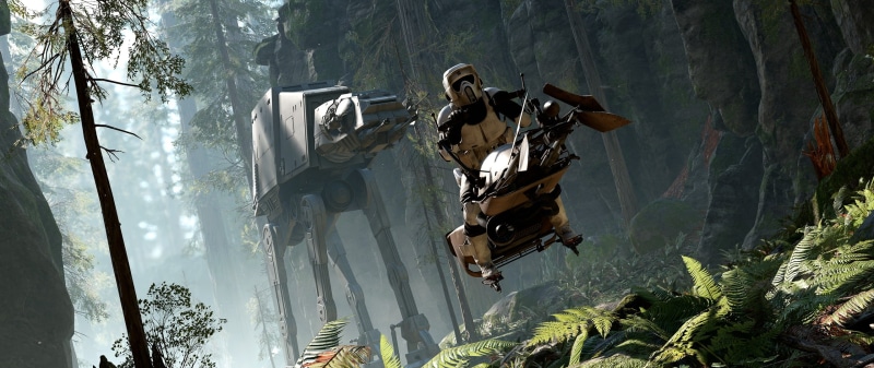 beauty in nature, 2K, mountain, ultrawide, Star Wars: Battlefront, atat, nature, game, forest, scout trooper, spirituality, speeder bike, video games