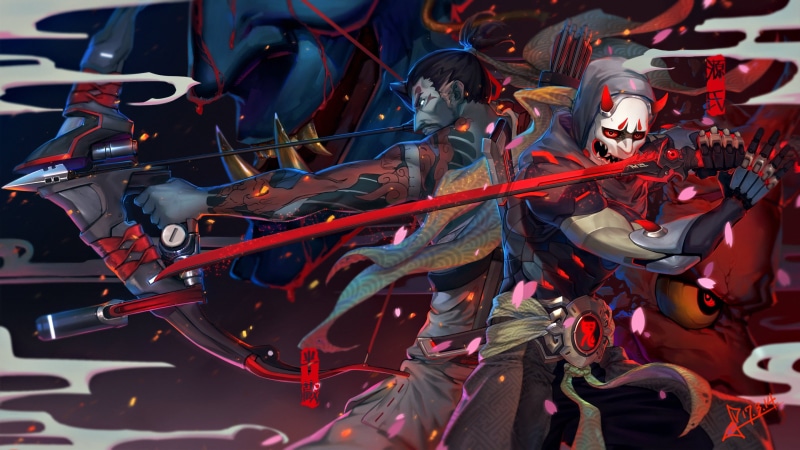 Overwatch, Hanzo (Overwatch), 2K, Genji (Overwatch), weapon, bow and arrow, Genji Shimada, sword, Blizzard Entertainment, oni mask, Hanzo Shimada